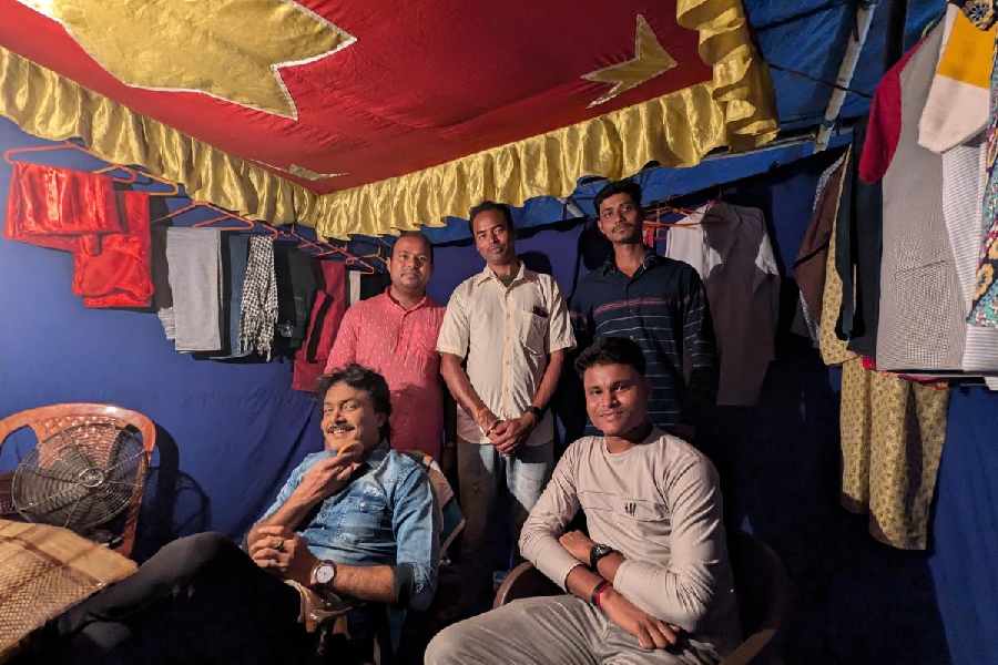 Pradip Kumar, who plays a doctor in Ami Chhoddobeshi Nayak, a jatra pala at Dhospara, Sagar Island.