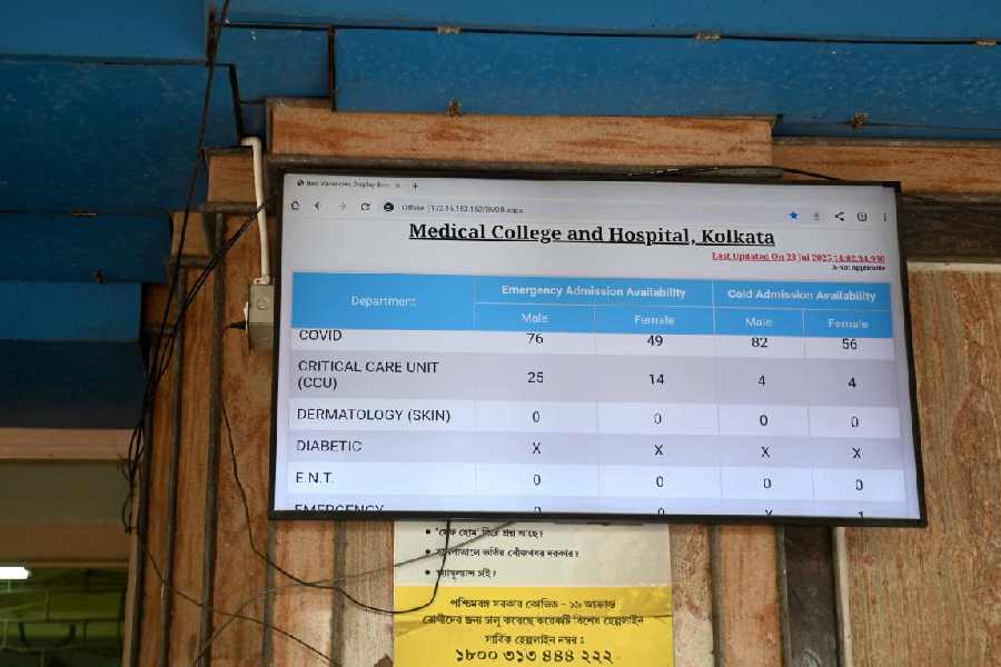 A real-time bed vacancy display board at Medical College Kolkata that was last updated 15 days ago.