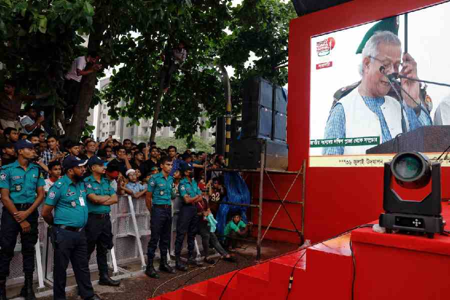 Muhammad Yunus during the celebrations marking the one-year anniversary of the July revolution in Bangladesh