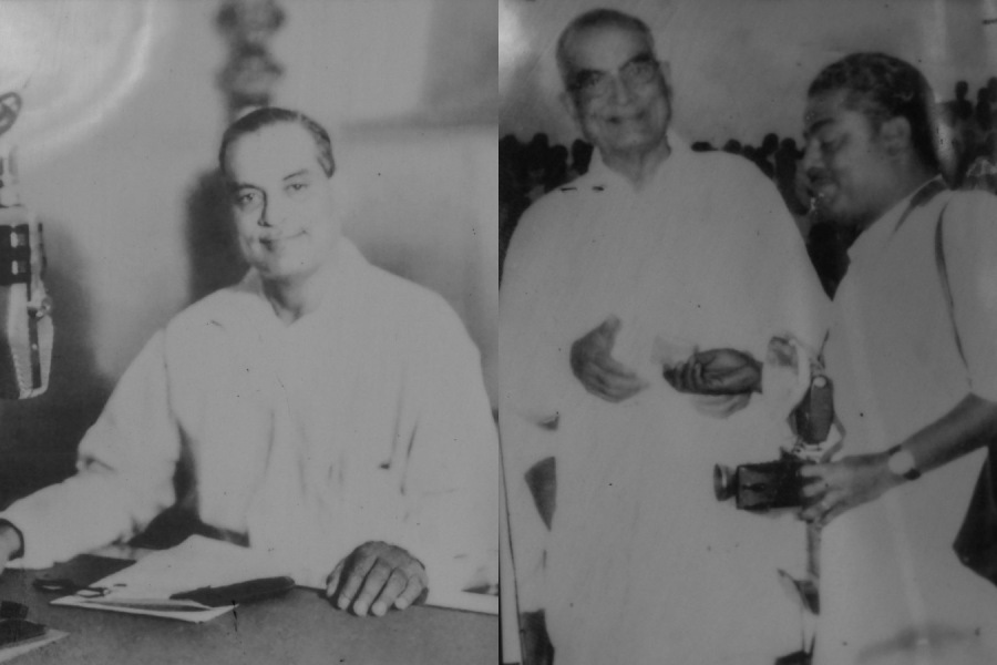 The first CM of West Bengal, Bidhan Chandra Roy, photographed by Laxmikant Dey on the day of his oath-taking after Independence at a radio station