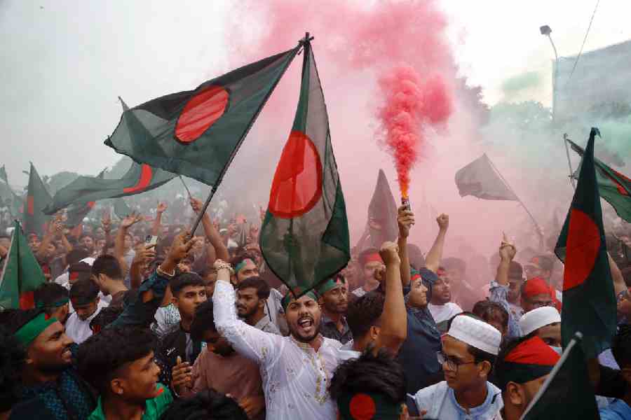 Bangladeshis celebrate in Dhaka the one-year anniversary of student-led protests on August 5.
