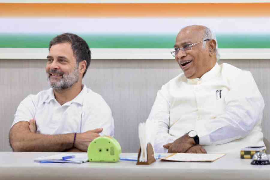 Congress President Mallikarjun Kharge and LoP in Lok Sabha Rahul Gandhi during a meeting with AICC General Secretaries, in-charges & frontal heads, in New Delhi.