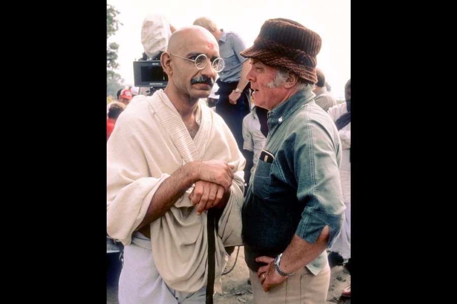 Sir Ben Kingsley (left) as Gandhi with director Richard Attenborough on the sets of 'Gandhi'