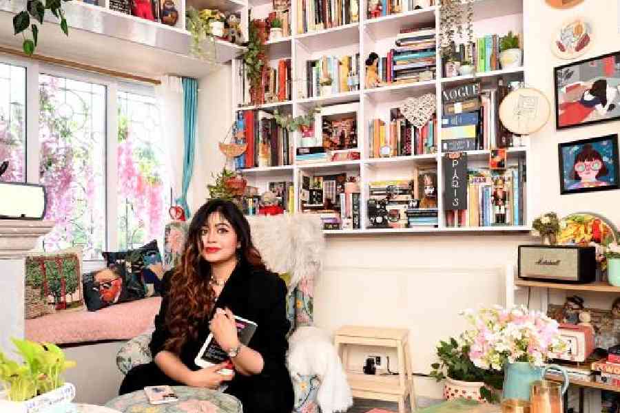 Ritabhari at her cutesy library.
