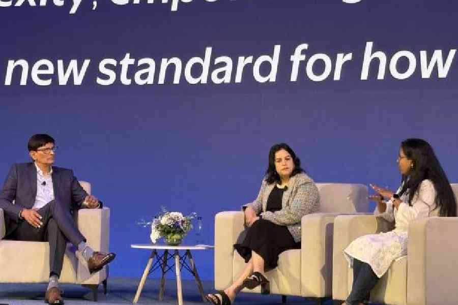 Sravana Karnati with Daljeet Kukreja, group director, Walmart Global Tech, and Hema Rajesh (extreme right), director, Walmart Global Tech. At Converge 2025 in Bangalore. Picture: Mathures Paul