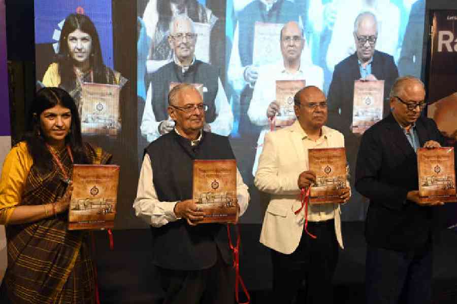 Guests at a book launch during the Rail Utsav at the Calcutta University Institute on Sunday. Pictures by Sanat Kr Sinha