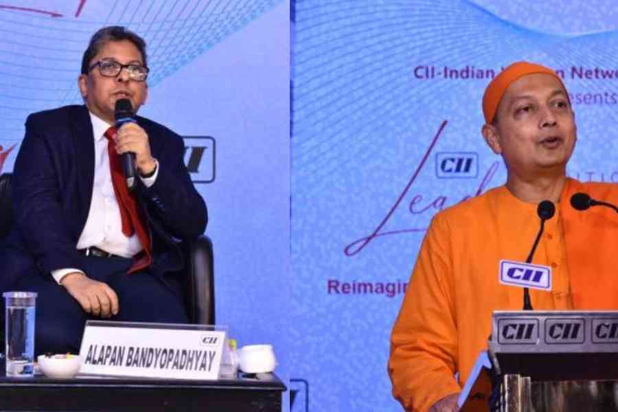Alapan Bandyopadhyay speaks at the conclave organised by CII-Indian Women Network’s Bengal chapter on Saturday; (right) Swami Sarvapriyananda, minister-in-charge of the Vedanta Society of New York, delivers the keynote address at the event