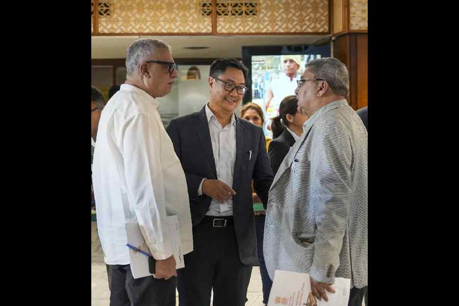 Union minister of parliamentary affairs Kiren Rijiju (centre) flanked by TMC MPs Derek O’Brien and Kalyan Banerjee during the all-party meeting in New Delhi on Sunday.