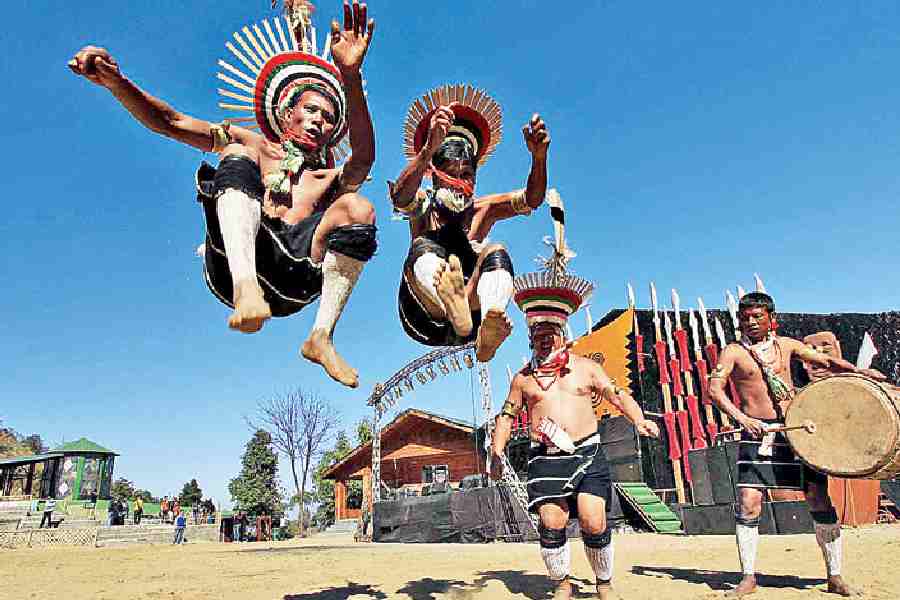 Zeliang Naga tribals perform a traditional dance at the Hornbill Festival.