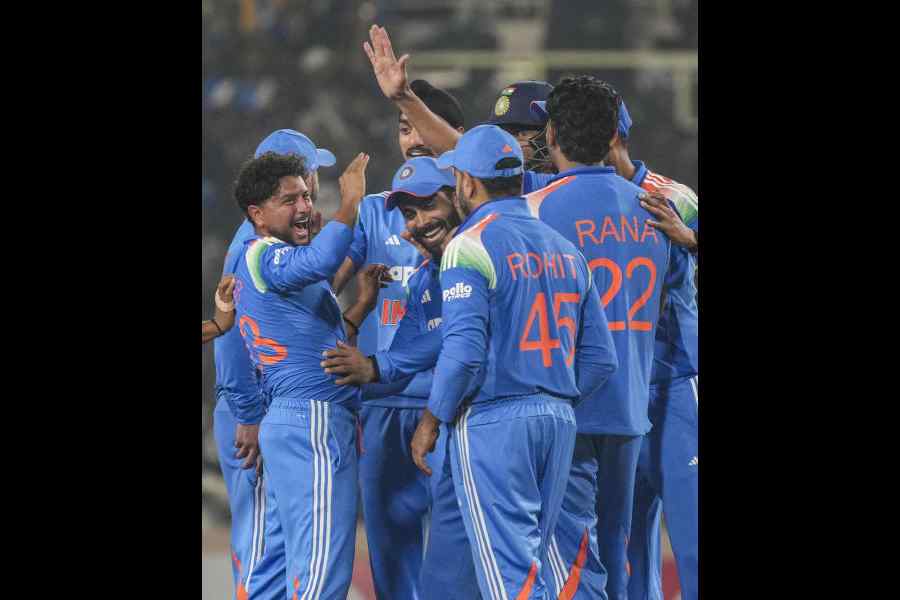 Kuldeep Yadav celebrates one of his four wickets against South Africa in Ranchi on Sunday.