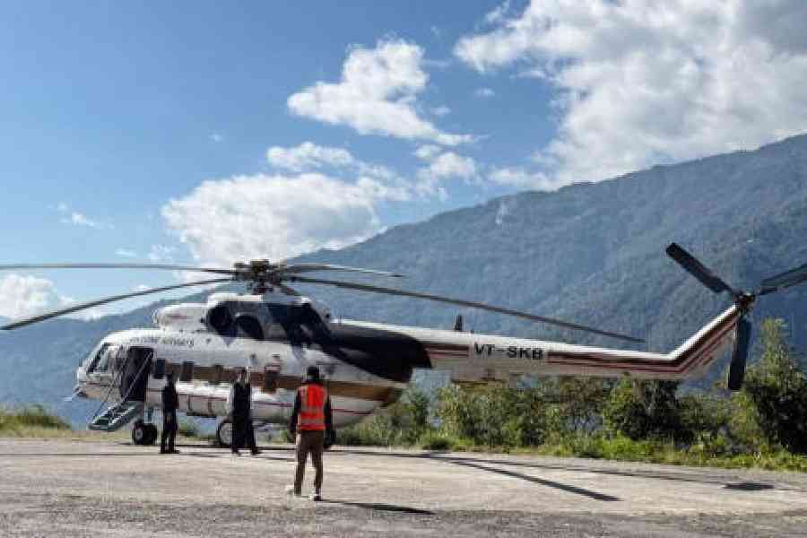 A trial landing of the MI-172 helicopter operated by Skyone Airways at the Dodak helipad in Soreng, Sikkim, on Wednesday.  Picture courtesy: Sikkim government