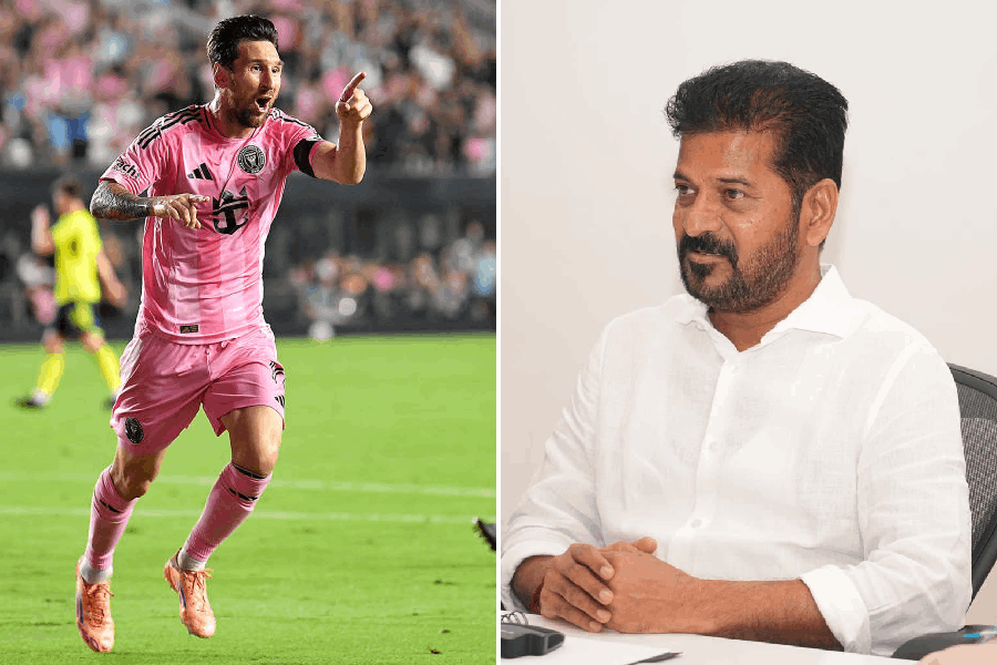 Lionel Messi (left), CM Revanth Reddy (right)