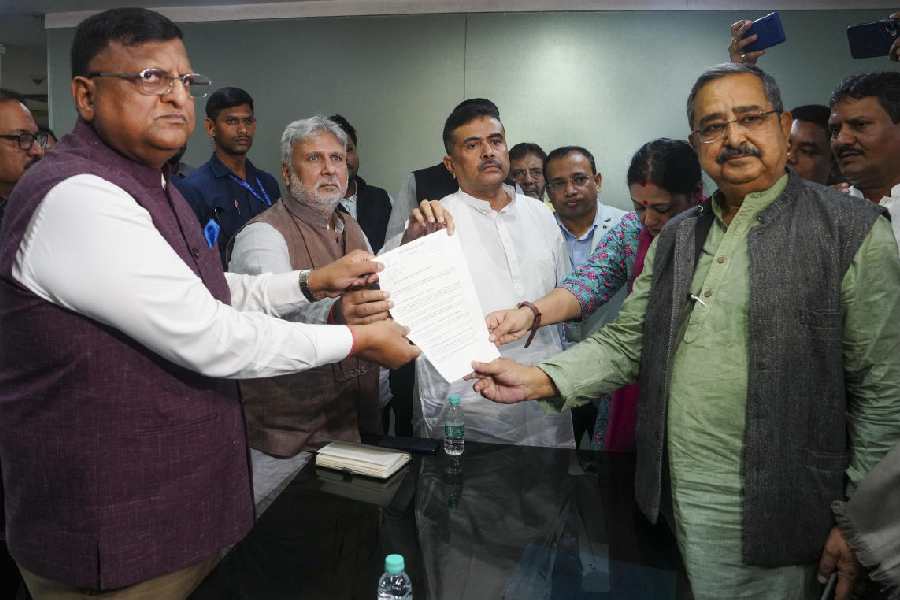 A BJP delegation led by leader of the Opposition Suvendu Adhikari meets Bengal chief electoral officer (CEO) Manoj Kumar Agarwal in Calcutta on Monday.