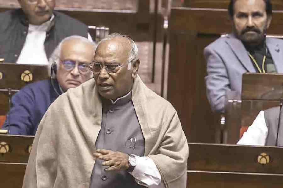 Mallikarjun Kharge speaks in the Rajya Sabha on Monday.