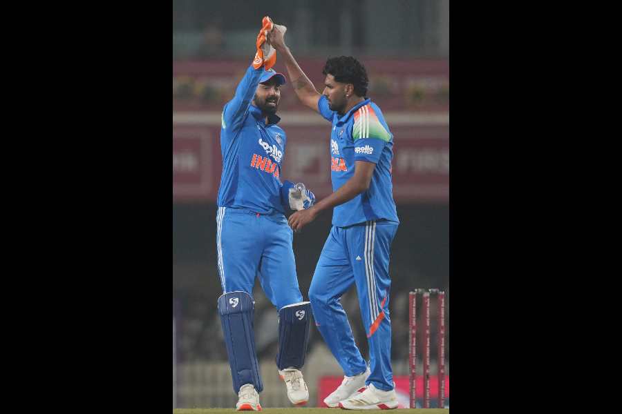 Harshit Rana (right) celebrates with KL Rahul after dismissing Dewald Brevis in the first ODI in Ranchi on Sunday.