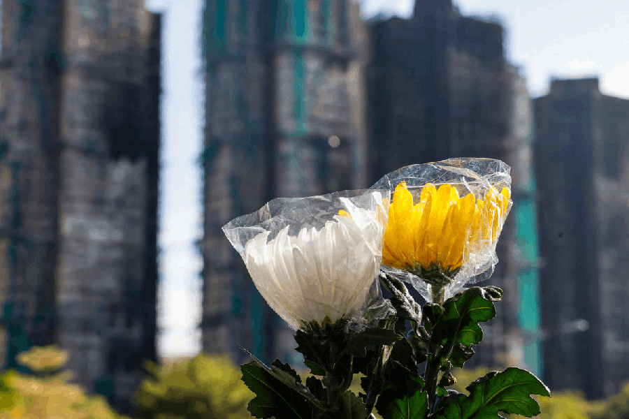 Flowers are seen next to the buildings of the Wang Fuk Court housing complex after the deadly fire, in Tai Po, Hong Kong, China, December 2, 2025.