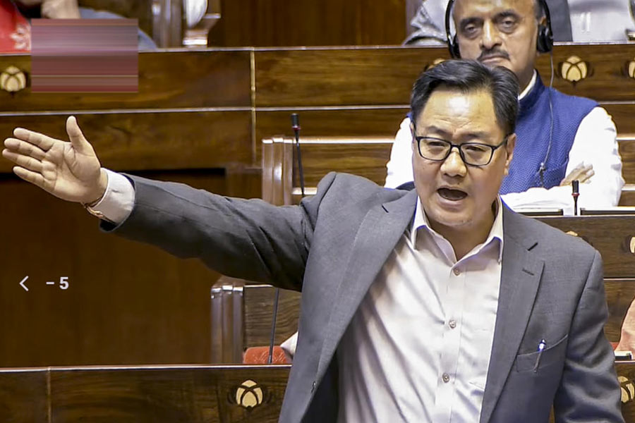 Union Minister Kiren Rijiju speaks during the Winter Session of Parliament, in New Delhi.