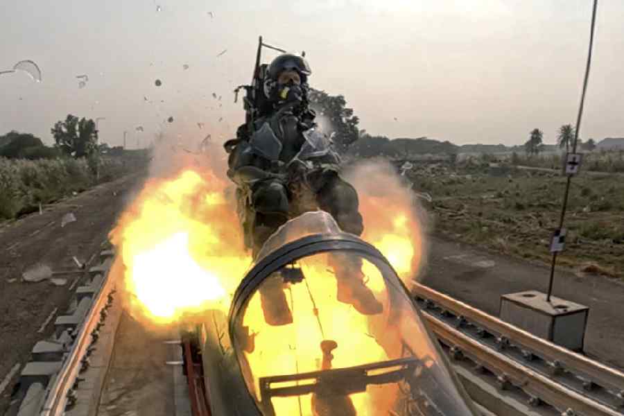 In this image received on Dec. 2, 2025, Defence Research and Development Organization (DRDO) conducts a successful high-speed rocket-sled test of fighter aircraft escape system