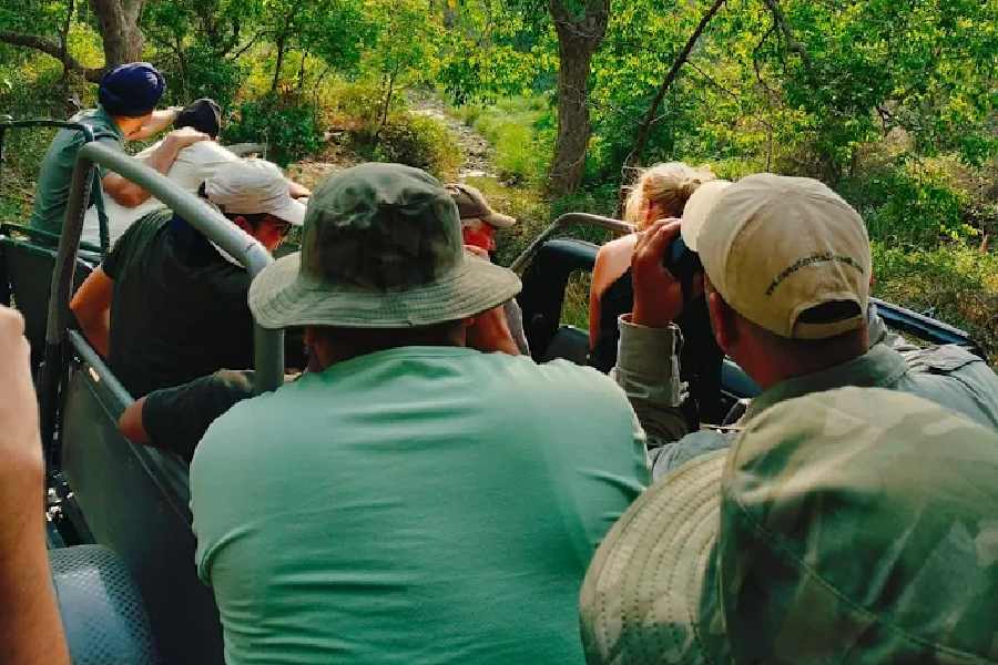 Tourists on a Safari vehicle at Corbett Tiger Reserve, Bijrani Zone
