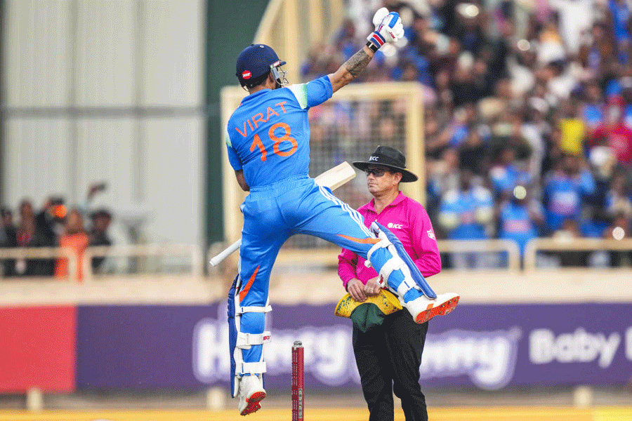 Kohli leaps in the air after scoring 100 vs South Africa in Ranchi 2025
