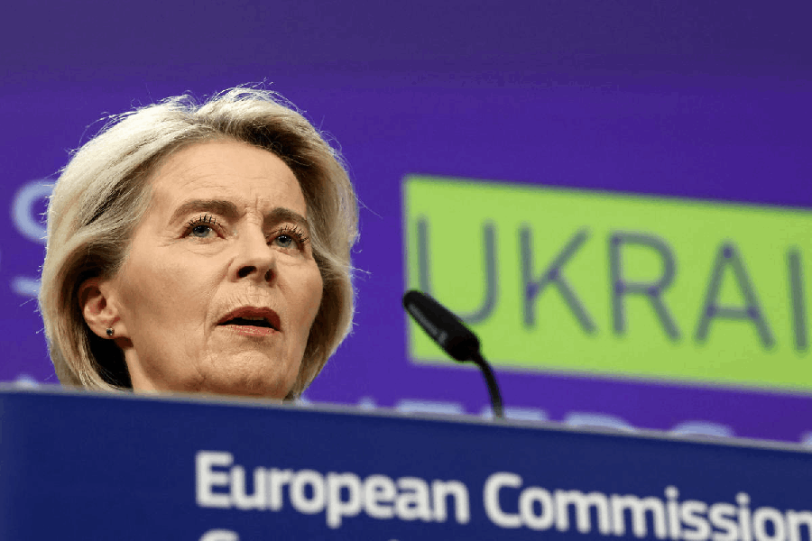 European Commission President Ursula von der Leyen attends a press conference with European Commissioner for Economy Valdis Dombrovskis, addressing Ukraine's financing needs for 2026-2027, in Brussels, Belgium, December 3, 2025.