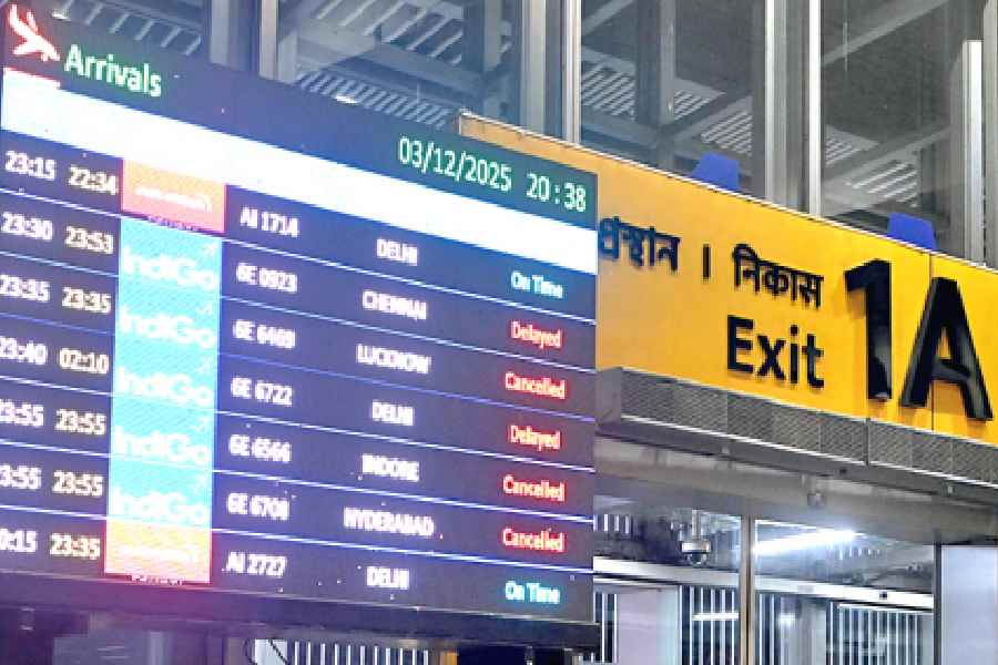 A display board at the Calcutta airport shows cancelled and delayed IndiGo flights on Wednesday night.