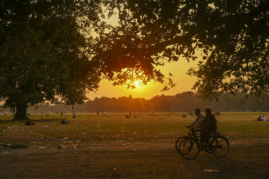 People cross the Maidan premises on bicycles during the winter sunset, in Kolkata.