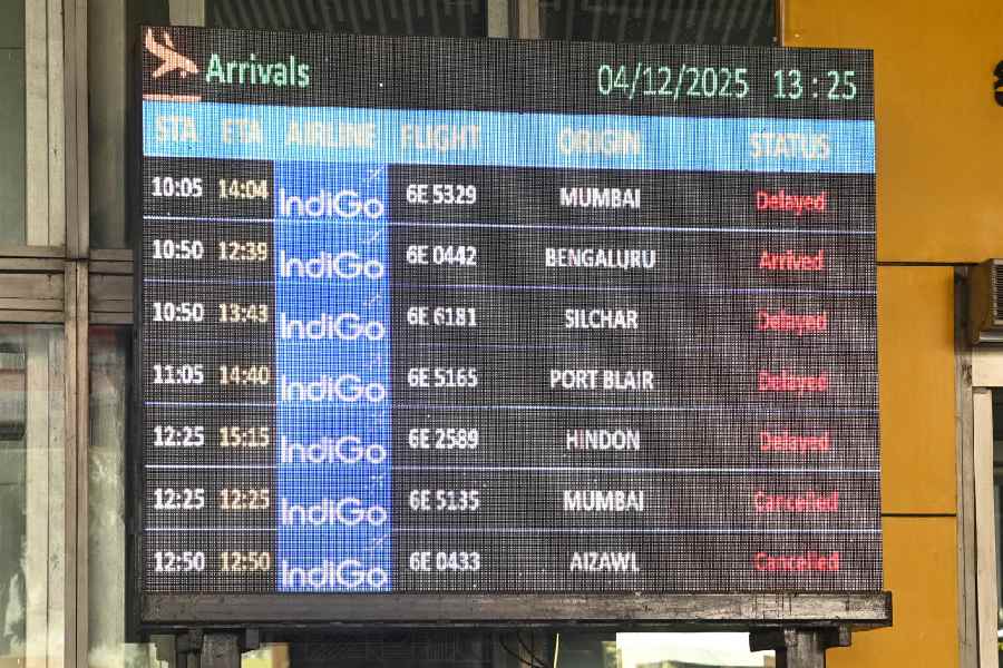A screen at Calcutta airport on Thursday shows delayed and cancelled IndiGo flights. 