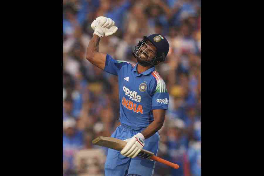 Ruturaj Gaikwad on completing his first ODI century,in the second game against South Africa in Raipuron Wednesday.