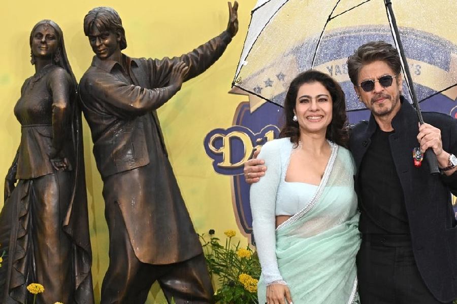 A bronze statue of Bollywood superstars Shah Rukh Khan and Kajol striking a pose from their 1995 superhit Dilwale Dulhania Le Jayenge was erected at London’s Leicester Square