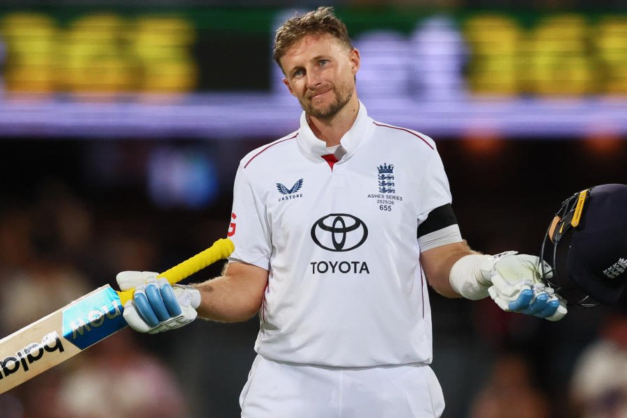 England's Joe Root celebrates his century during the second Ashes cricket test match between Australia and England in Brisbane, Thursday, Dec. 4, 2025.