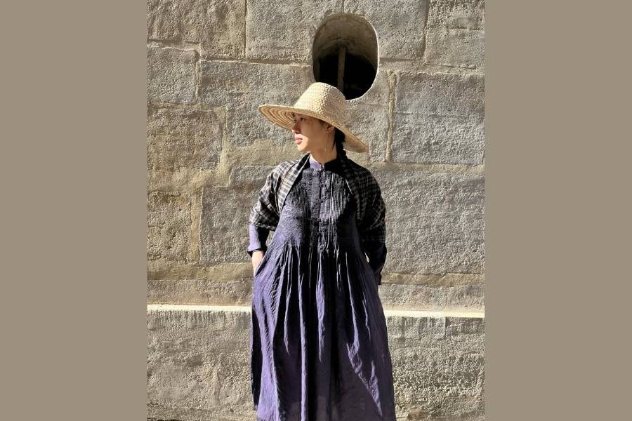 Handwoven Jamdani Bianca dress paired with a handwoven, handspun pashmina scarf 