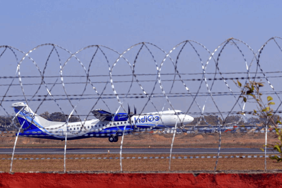 An IndiGo aircraft takes off from the Birsa Munda Airport, in Ranchi, Friday, Dec. 5, 2025. IndiGo's operations crumbled as pilot-rostering issues continued to force large scale flight cancellations -- over 400 on Friday -- and many passengers have been stranded for as long as three days at airports.