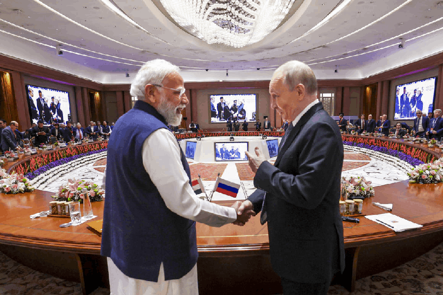 In this image posted on Dec. 5, 2025, Prime Minister Narendra Modi with Russian President Vladimir Putin during the India-Russia Business Forum, in New Delhi.