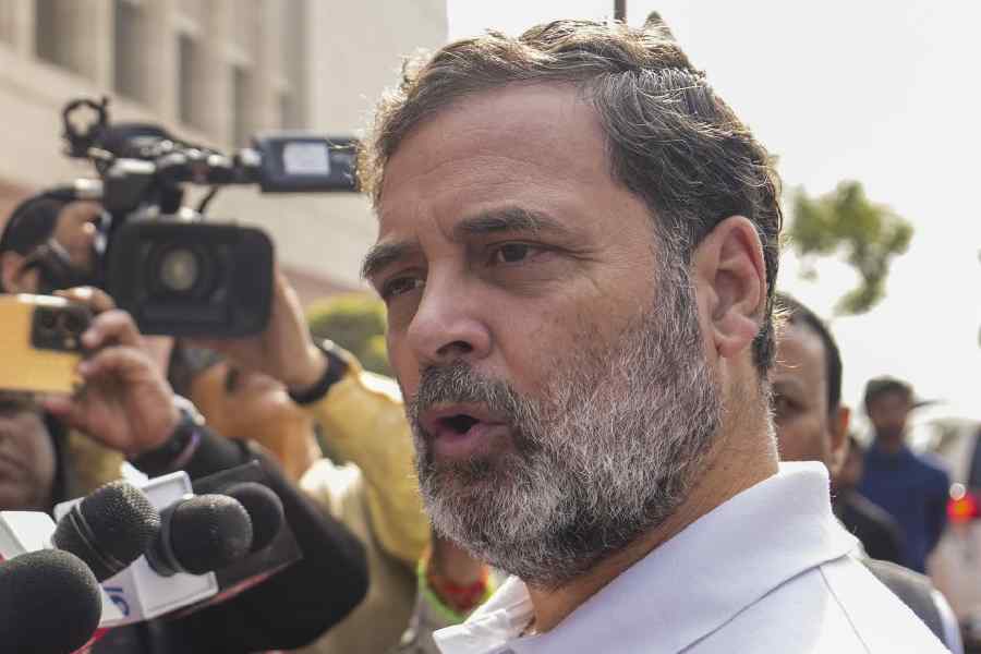 Rahul Gandhi speaks to the media at the Parliament complex on Thursday. 