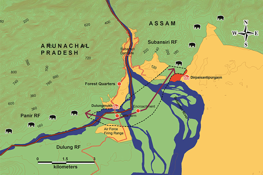 Map of the area on the Arunachal Pradesh-Assam border where the project is situated along the elephant corridor