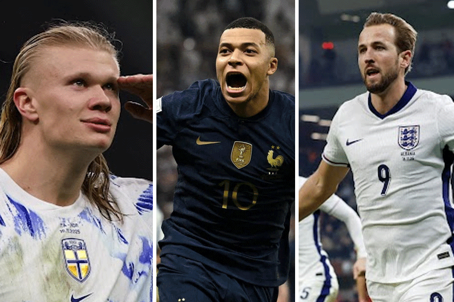 Erling Haaland (left), Kylian Mbappe (centre), Harry Kane (right)