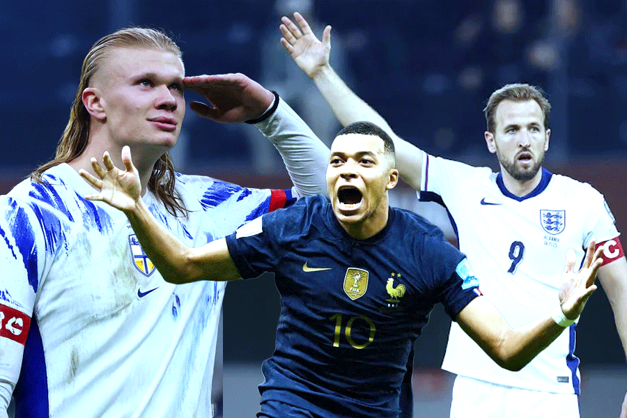 Erling Haaland (left), Kylian Mbappe (centre), Harry Kane (right)