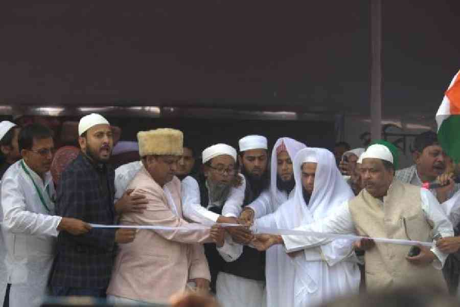 Humayun Kabir (third from left) at the foundation laying ceremony of the Babri Masjid at Beldanga in Murshidabad district on Saturday. Picture by Abdul Halim