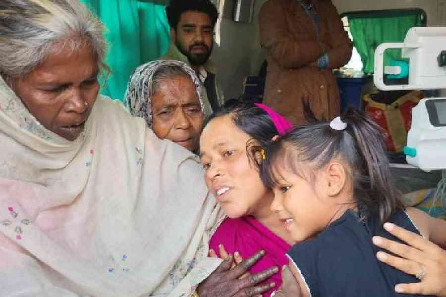 Sunali meets her family member and her daughter who used to live with her parents in Murarai’s Paikar on Saturday. Picture by Prankrishna Hazra
