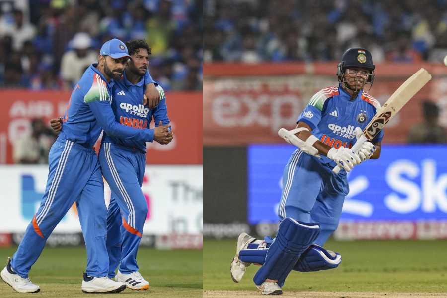 Man of the Series Virat Kohli celebrates with Kuldeep Yadav after the spinner sends Corbin Bosch back for 9 in the final ODI against South Africa and (picture right) India opener Yashasvi Jaiswal en route to his unbeaten 116, his first century in the format, in Visakhapatnam on Saturday.