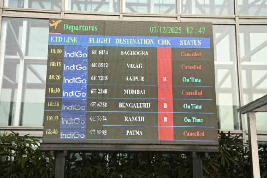 A board outside the Calcutta airport shows IndiGo flights that have been cancelled and some that are on time on Sunday afternoon. Picture by Bishwarup Dutta