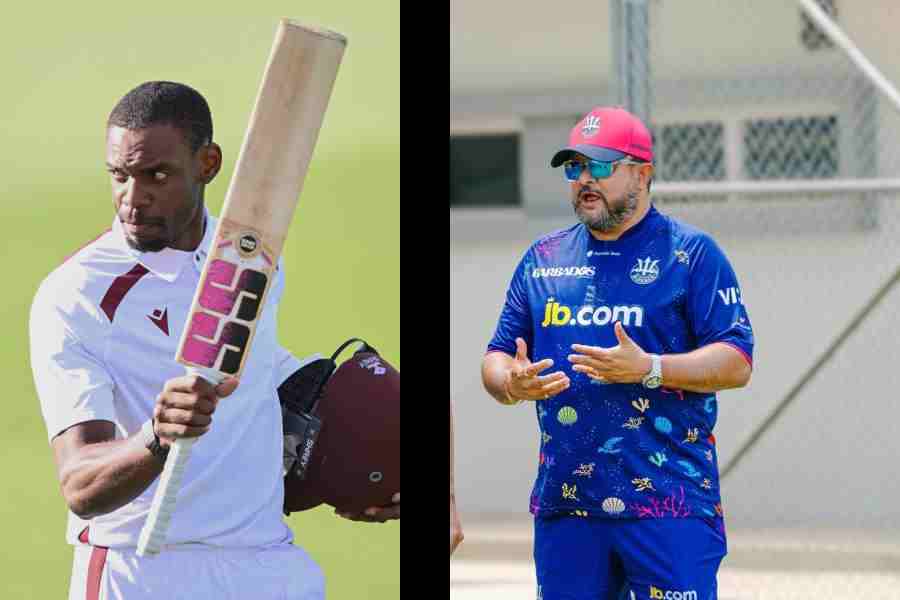 West Indies’ Justin Greaves (in AP picture) after reaching his double century against New Zealand at the Hagley Oval in Christchurch on Saturday. (Picture right) Siddhartha Lahiri, performance coach of the Rajasthan Royals