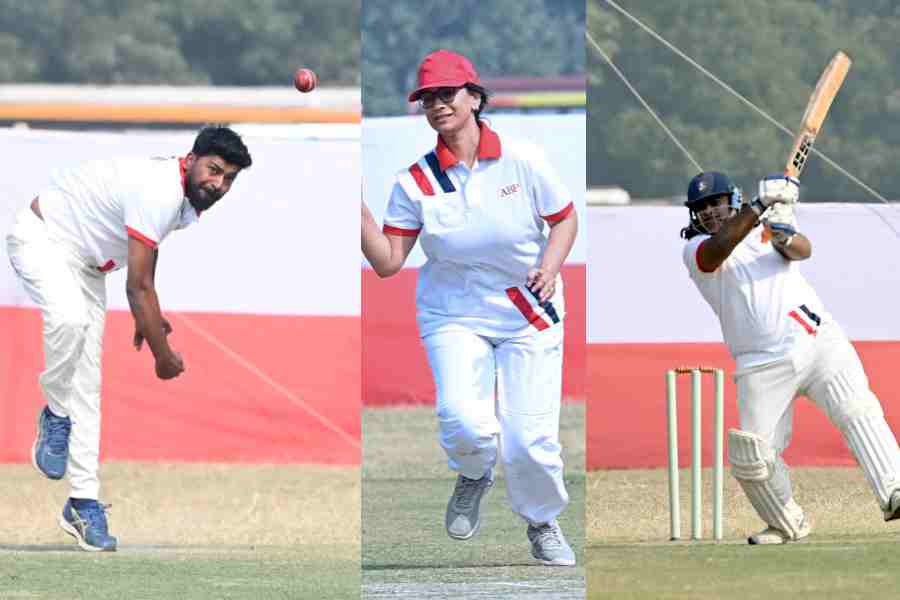 From left to right, Chandan Biswas (Lions), Oasmi Yasmeen (Sharks) and Debrup Chowdhury (Hawks) in action during their respective matches at the ABP Annual Cricket tournament on Sunday.
