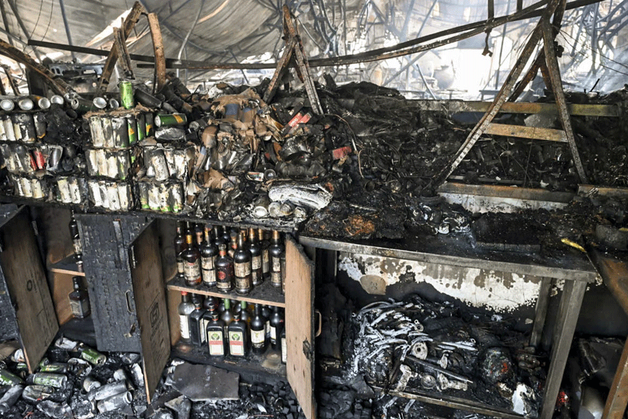 Charred remains of the nightclub after a fire broke out due to a cylinder blast, in North Goa district, Sunday, Dec. 7, 2025.