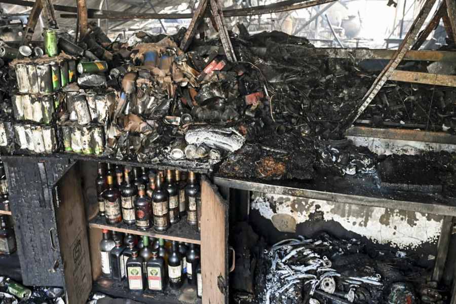 Charred remains of the nightclub after a fire broke out due to a cylinder blast, in North Goa district, Sunday, Dec. 7, 2025.