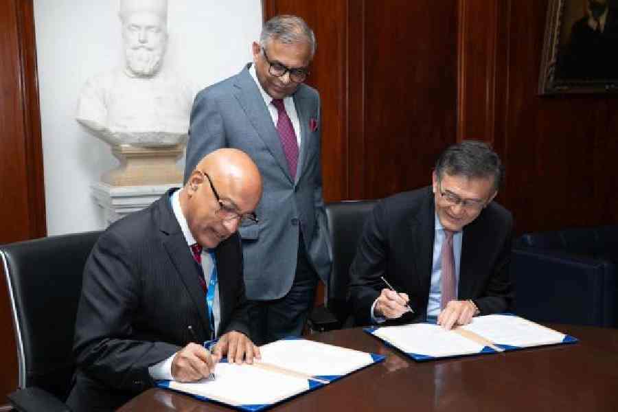 (From left) Randhir Thakur, Tata Electronics CEO &amp; MD, with N. Chandrasekaran and Lip-Bu Tan in Mumbai on Monday