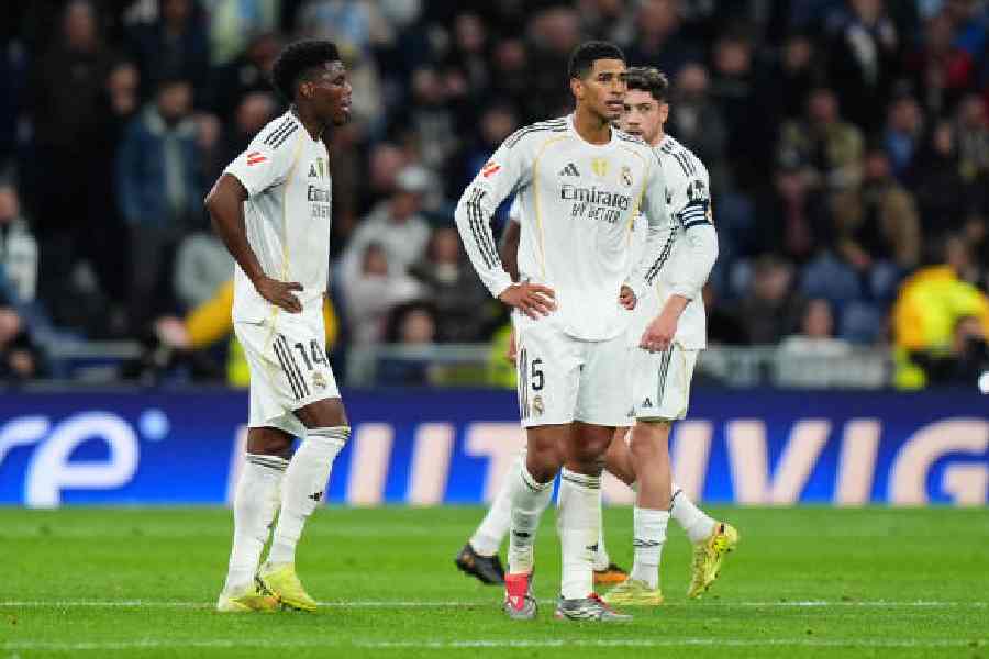 (From left) Aurelien Tchouameni, Jude Bellingham and Federico Valverde look dejected after Real Madrid leaked the second goal against Celta Vigo during Sunday’s La Liga match at the Bernabeu Stadium.