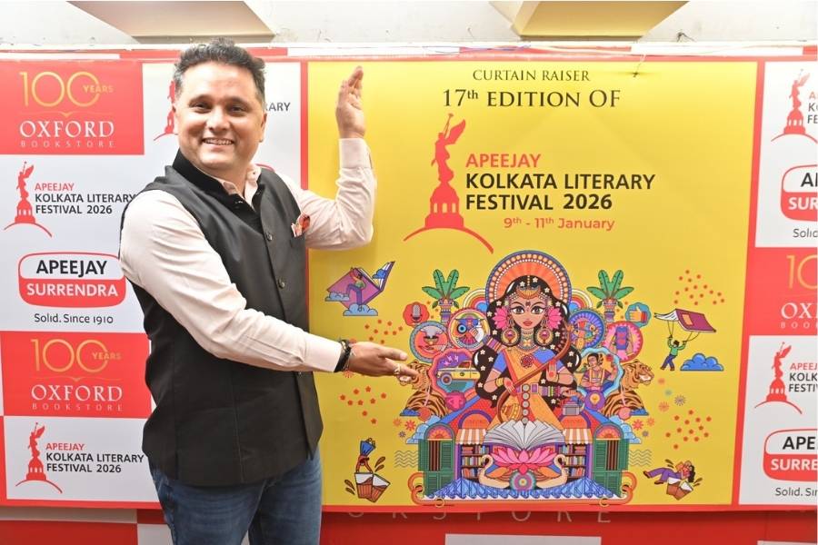 Amish Tripathi at the curtain raiser for AKLF 2026, in Kolkata, on Monday