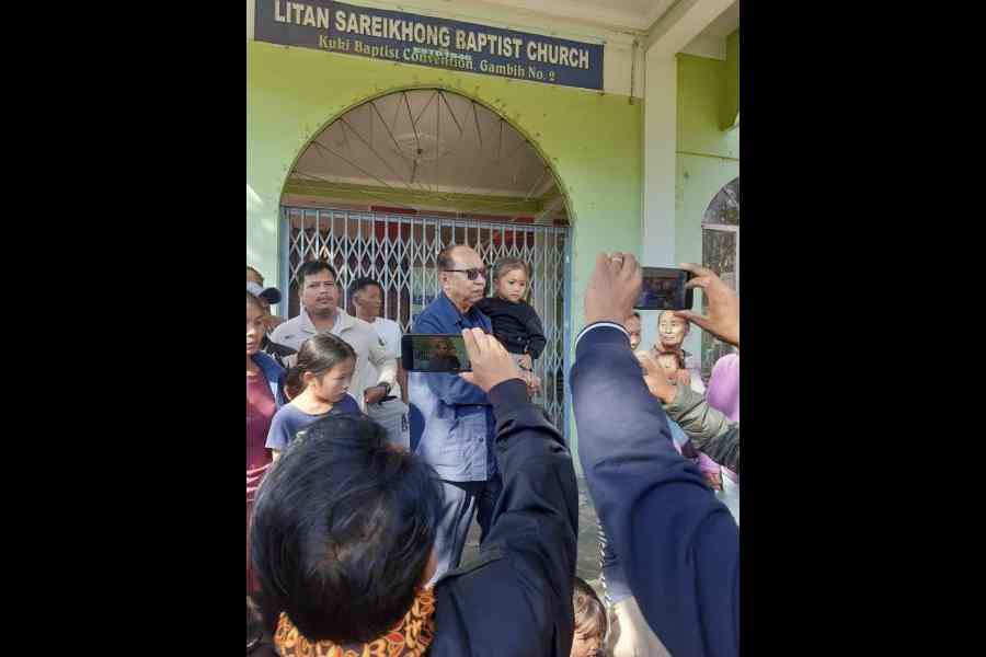 Yumnam Khemchand Singh at the Litan Sareikhong relief camp on Monday